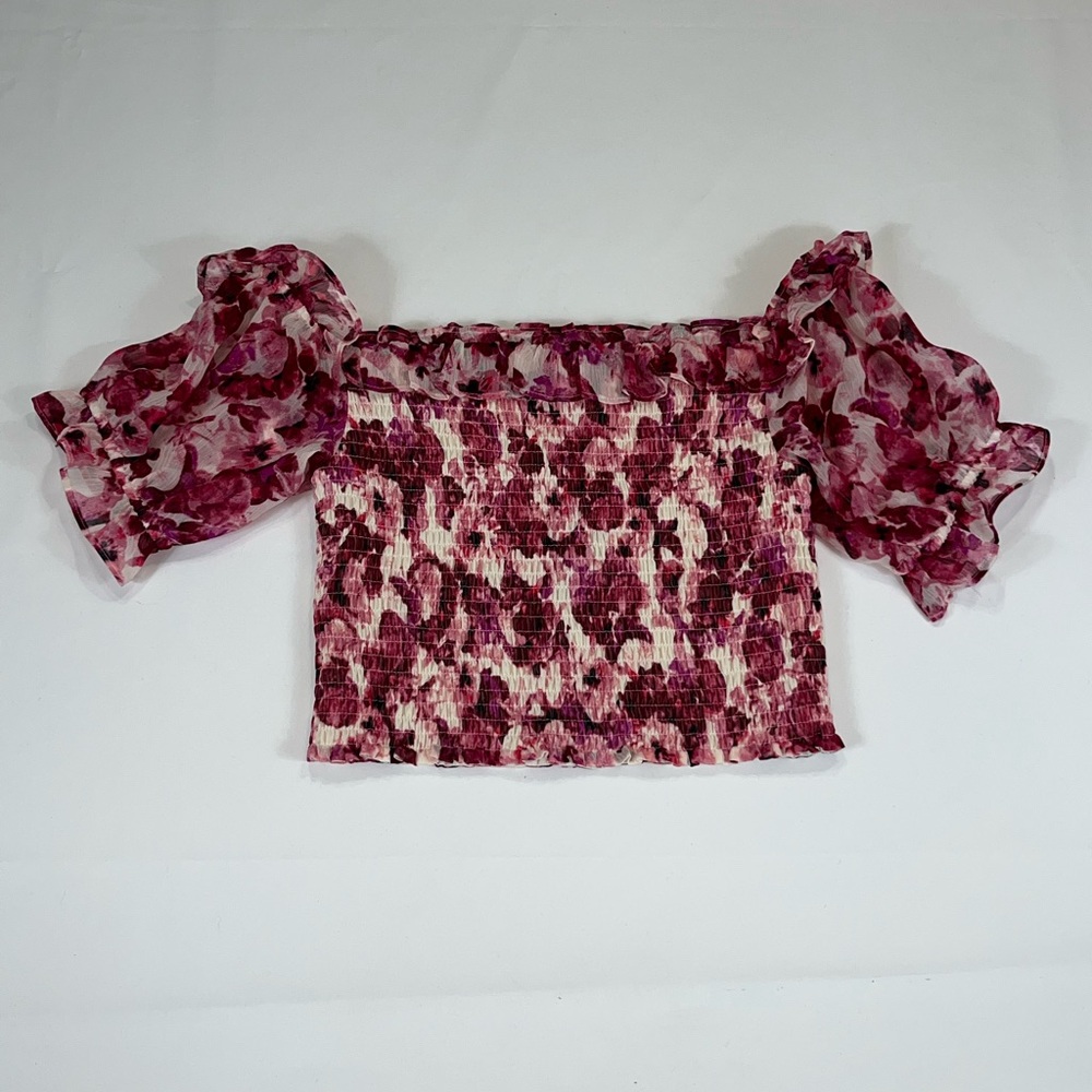 Express Women’s Crop Top XS‎ Ruched Bodice Ruffle Off Shoulder Pink Floral NWT